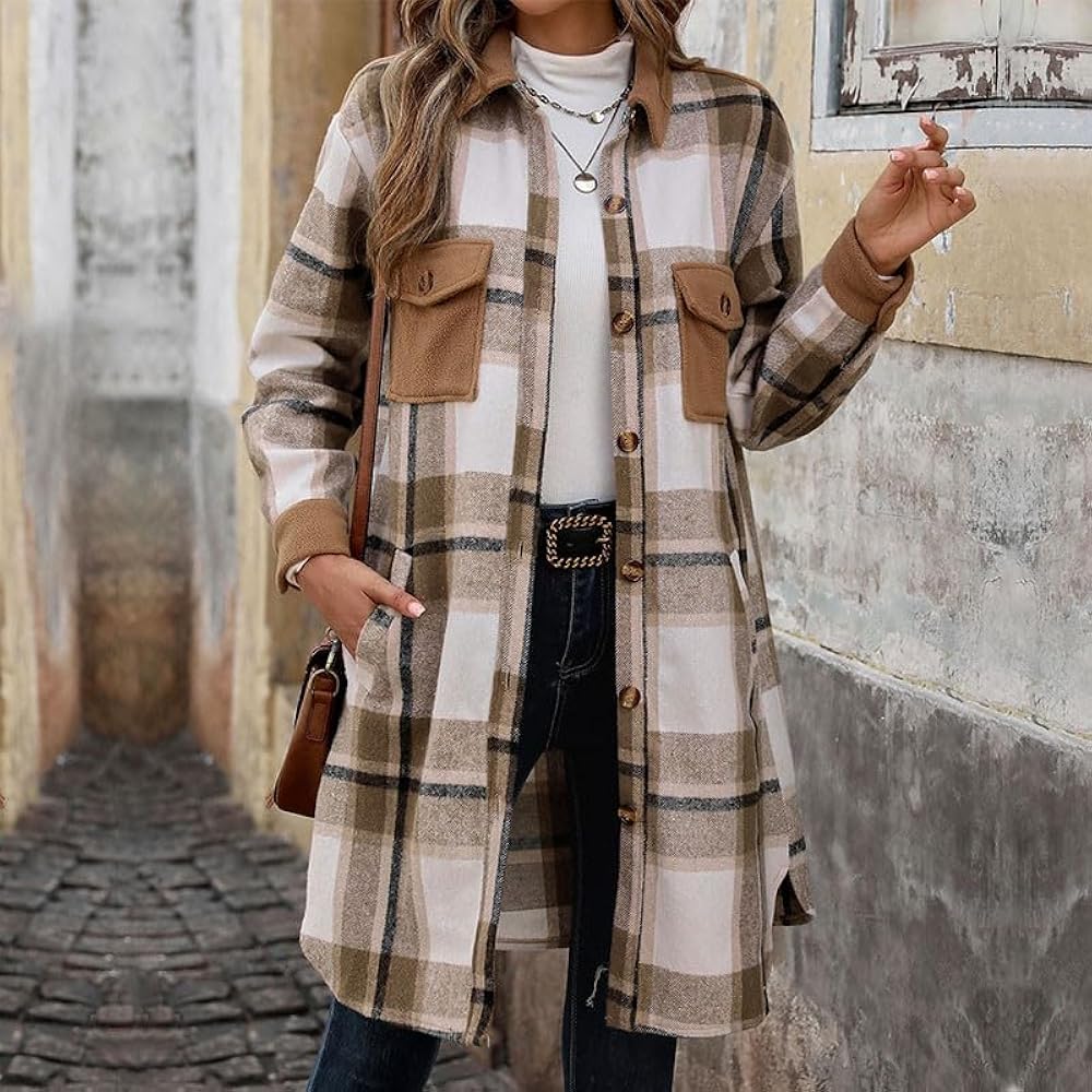 Women's Casual Wool Blend Long Plaid Trench Coat Shirt 2024